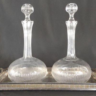 Glass Wine Decanter Pair on Silver Plated Tray
