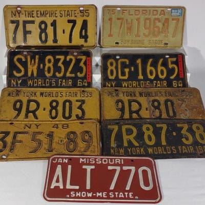 9 Vintage NY, MO & FL License Plates
