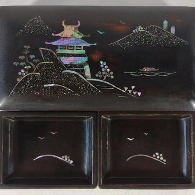 Maruni Kogyo Black Lacquer MOP Inlaid Box & Trays