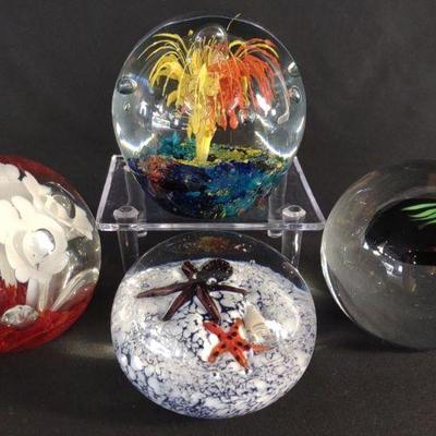 4 Vintage Round Art Glass Paperweights
