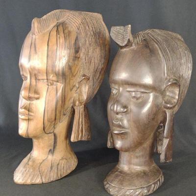 Two African Carved Wooden Bust of Women