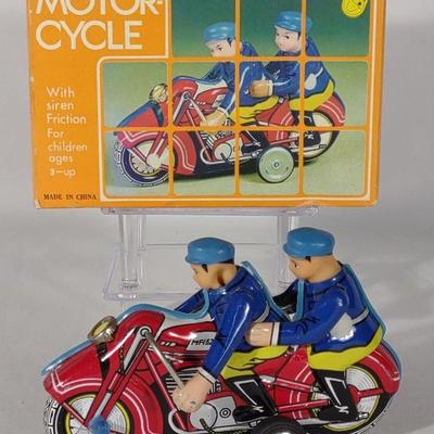 Vintage Police Motorcycle Tin Friction Toy w/ Box