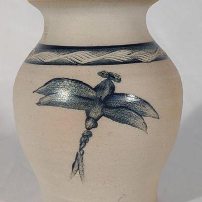 Cobalt Decorated Dragonfly Pottery Vase (Signed)