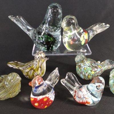 8 Art Glass Bird Shaped Paperweights