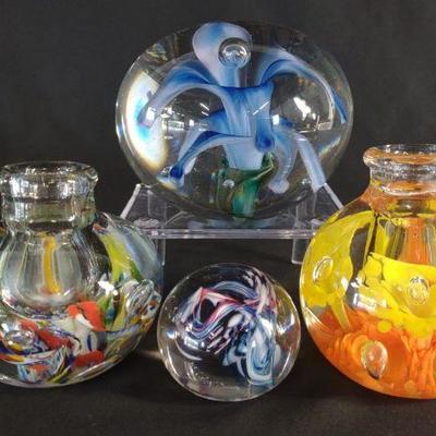 4 Signed Art Glass Paperweights (Duman, St Clair)
