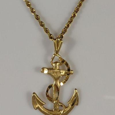 14K Gold Ship Anchor Pendant & 14k Rope Necklace