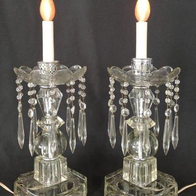 Pair of Cut & Etched Glass Hurricane Luster Lamps
