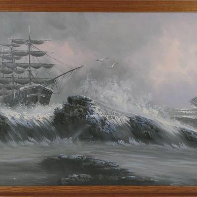 Original Tomas Honz Oil Painting of Ships at Sea