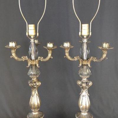 Pair of Vintage Cast Metal & Crystal Lamps