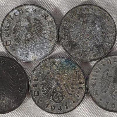 (5) WWII German 1 Reichspfennig Coins (1941-44)