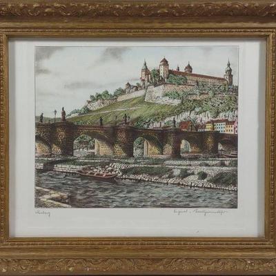 Artist Signed Colored Lithograph of Wurzburg
