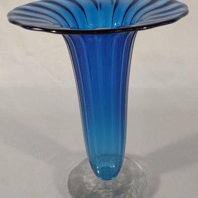 Signed Cobalt Blue Fluted Studio Glass Art Vase