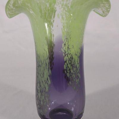 Green & Purple Spouted Art Glass Vase