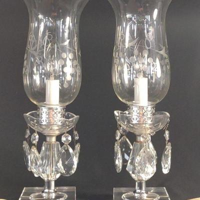 Etched Hurricane Prism Glass Table Lamps (Works)
