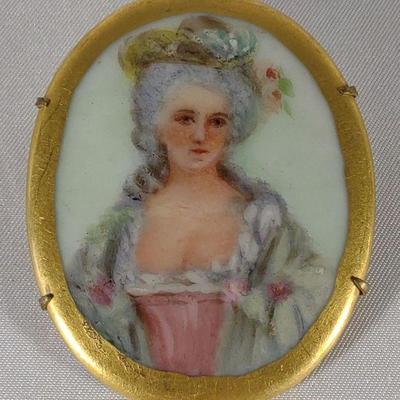 Antique Porcelain Painted Brooch Portrait