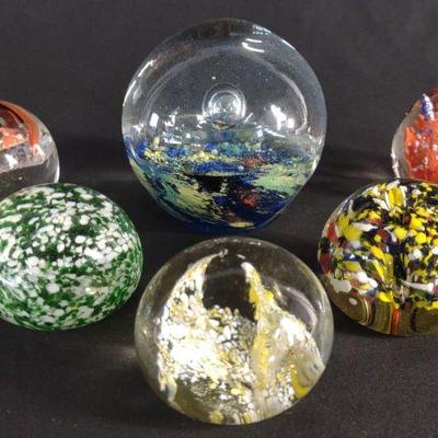 6 Vintage Round Art Glass Paperweights