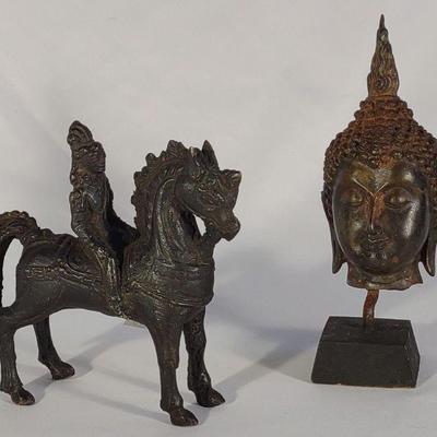 Antique Bronze Horseman Warrior & Buddha Head