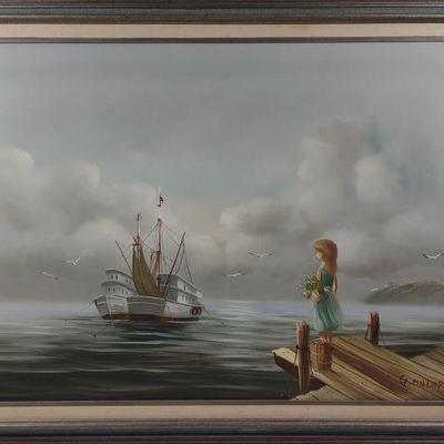 Original G. Miller Oil Painting of Harbor Girl