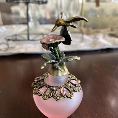 Enameled Hummingbird on Pink Satin Glass bottle