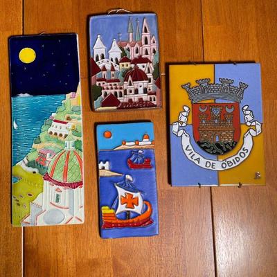 (4pc) PAINTED TILE SET | Decorative painted tiles with hanging wire - h. 12-1/4 in. tallest