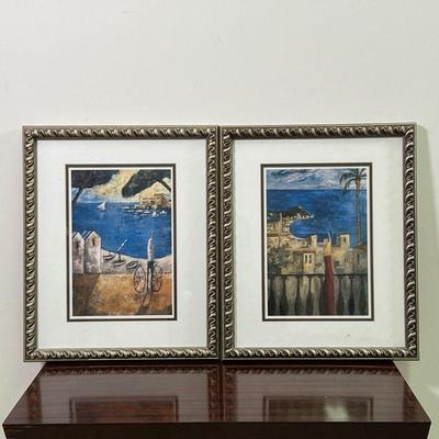 PAIR COASTAL ART PRINTS | Coastal scenes, each matted and framed - h. 17-3/4 x w. 14-1/2 in. (frame)