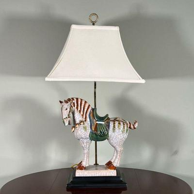 TANG-STYLE HORSE LAMP | A single bulb lamp with a Chinese Tang-style horse as the base - h. 29 x w. 16 x d. 12 in.