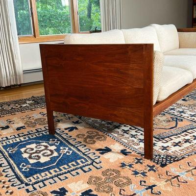 DANISH MID-CENTURY SOFA | Teak and teak veneer couch of Danish mid-century modern design, with wool cushions, comfortable! - h. 25 x w....