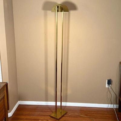 MODERN BRASS FLOOR LAMP | Deco style, semi circle shade on two square column supports attached to a brushed brass rectangular base - h....