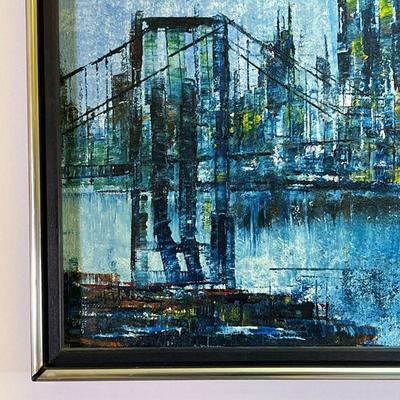 ABSTRACT CITYSCAPE PAINTING | Oil on canvas, cityscape with a bridge at twilight, in overall blue tones, signed indistinctly lower left,...