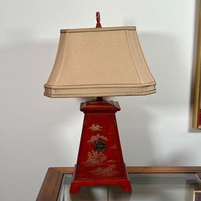 CHINESE CABINET FORM LAMP | In the form of a Chinese red lacquered tapering cabinet - 25 x 15 x 11 in.