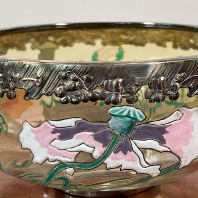 PAINTED SILVER OVERLAY FRUIT BOWL | With painted flowers, having a repousse silver-plated rim - h. 4-5/8 x dia. 9 in.