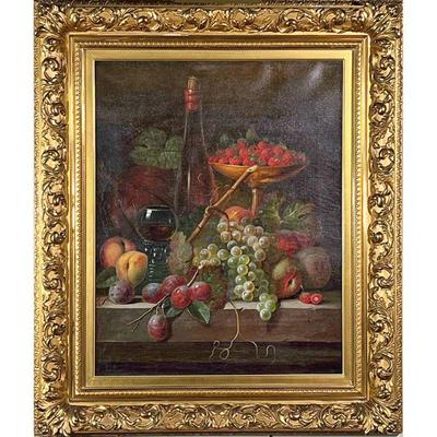 JOSEPH CORREGGIO (1810-1891) | Still Life with Grapes & Wine
Oil on canvas
signed faintly lower right
In a gilt frame with scrolling...