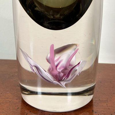 BLOWN GLASS ORCHID VASE | Signed and dated 88 on lower edge, tall vase with figural orchid bud in the base - h. 13-3/4 x 4-1/8 in.