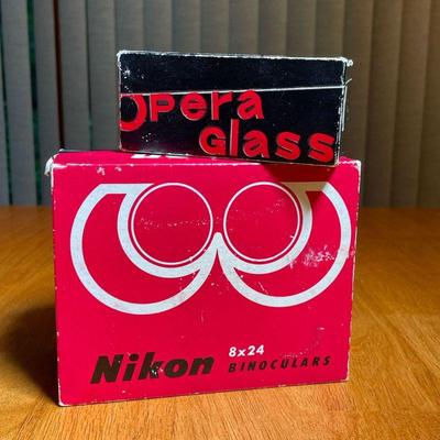 PAIR NIKON & OPERA GLASS BINOCULARS | Nikon 8 x 24 binoculars with travel bag and lens cloth, and Opera Glass Eikow 3x binoculars, both...