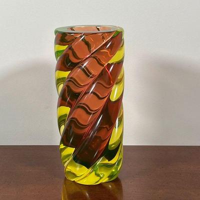 TWISTED ART GLASS VASE | No apparent signature, pink, yellow, and green glass in a twisted cylindrical form