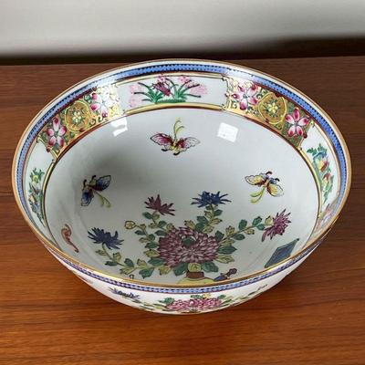 FLORAL CENTER BOWL | Floral Chinese-style bowl with butterfly accents, made in Hong Kong, marked 