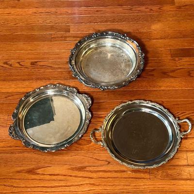 (3pc) SILVER PLATED TRAYS | Including a Reed & Barton tray, a shallow bowl (dia. 13 in.), and a round serving dish with handles