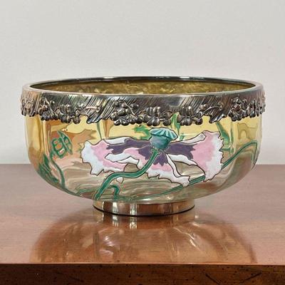 PAINTED SILVER OVERLAY FRUIT BOWL | With painted flowers, having a repousse silver-plated rim - h. 4-5/8 x dia. 9 in.