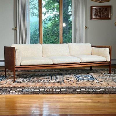 DANISH MID-CENTURY SOFA | Teak and teak veneer couch of Danish mid-century modern design, with wool cushions, comfortable! - h. 25 x w....