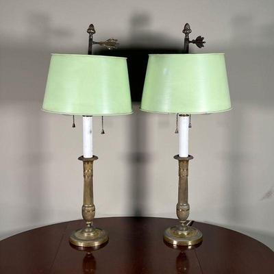 PAIR TOLE LAMPS | With teal tole lampshades and acorn and fletching finials - h. 24 in.