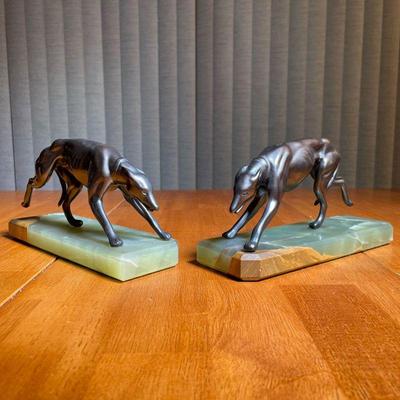 PAIR GREYHOUND BOOKENDS | Cast metal on green onyx bases - h. 4-1/2 x 9 in.