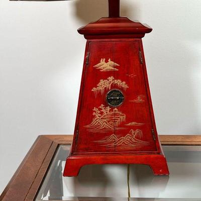 CHINESE CABINET FORM LAMP | In the form of a Chinese red lacquered tapering cabinet - 25 x 15 x 11 in.