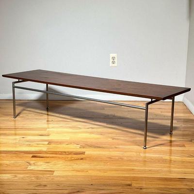 MID-CENTURY FLOATING LOW TABLE | Rosewood veneer over brushed steel frame, mid-century modern coffee table in the manner of Gio ponti,...