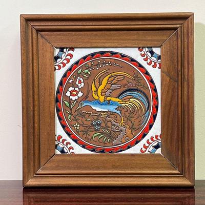 FRAMED ITALIAN POTTERY TILE | Showing a Phoenix - overall 12 x 12 in.