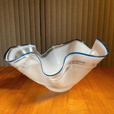 CHIHULY STYLE ART GLASS BOWL | Milky free-form art glass bowl with a cobalt blue rim, signed 