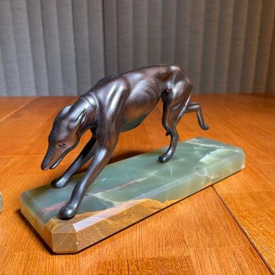PAIR GREYHOUND BOOKENDS | Cast metal on green onyx bases - h. 4-1/2 x 9 in.