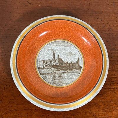 (2pc) ROYAL COPENHAGEN DISHES | Orange glaze with gilt rims, with cracked ice design throughout, one of them with a transferware image of...