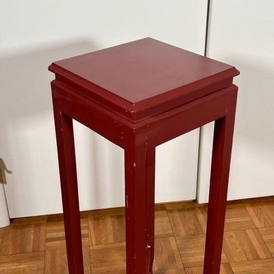 RED PAINTED SIDE TABLE | Tall red painted pedestal side table or plant stand - h. 32 x w. 11-1/4 x d. 11-1/4 in.