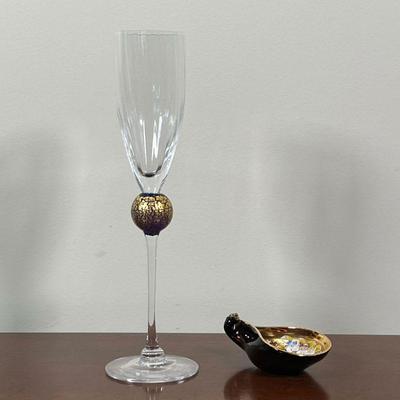 (2pc) ART GLASS | Including a tall champagne flute with ribbed cup and a cobalt and gilt stem, signed on the bottom and dated 1990; and a...