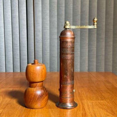 (2pc) SALT & PEPPER MILLS | Including a wooden salt mill and a Greek copper pepper grinder (h. 9 in.)